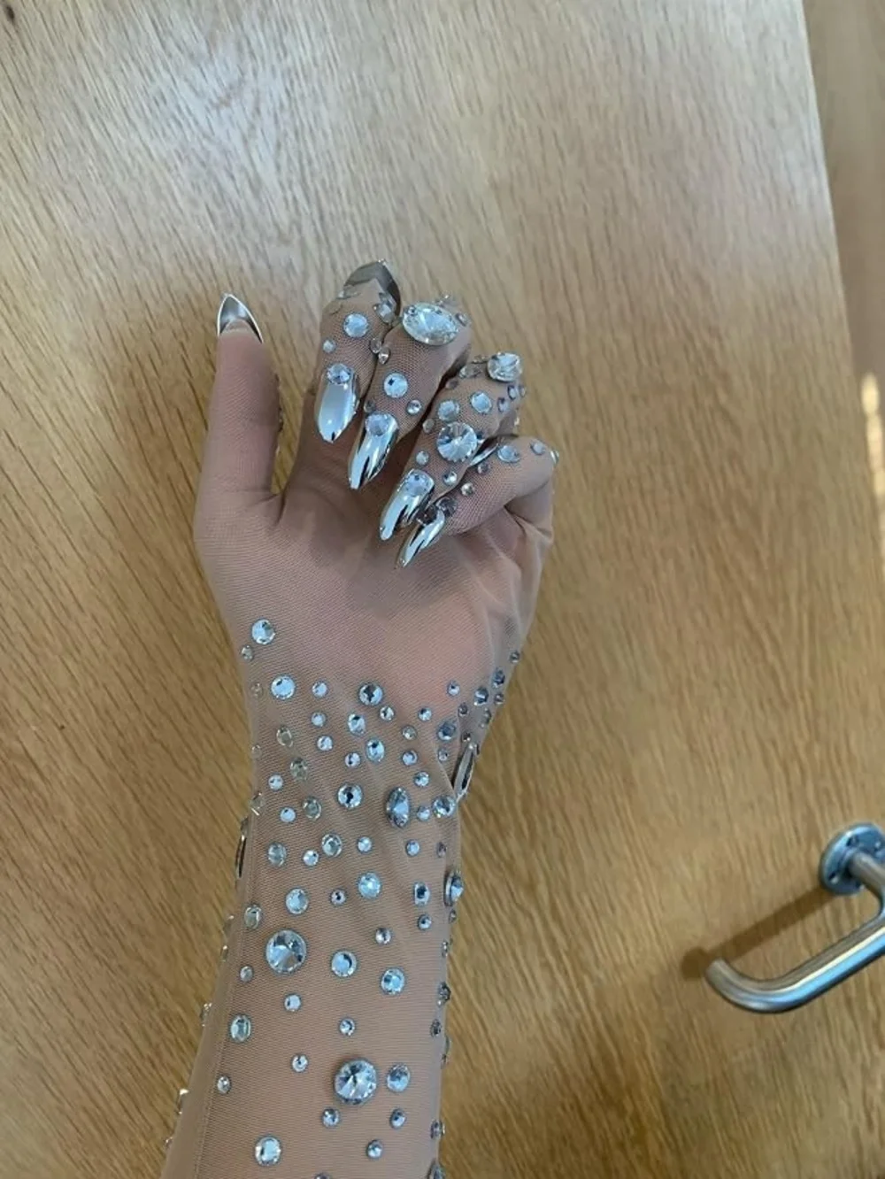 Luxe Crystal Embellished Nude Silver Sparkle Mesh Gloves